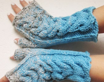 New! Fingerless Gloves, blue  knitting mittens,  wrist warmers Arm Warmers, blue, gray Accessory, winter accessory, cable warmers