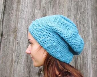 Bonnet au crochet pour femme, bonnet ample, bonnet automne au crochet, chapeau pour femme au crochet à la main - bonnet ample bleu femme