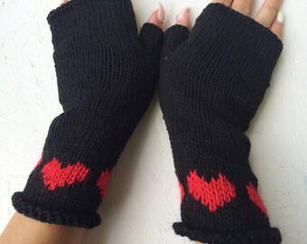 Black Heart Gloves knitting gloves, Black Fingerless Gloves, Black Heart Mittens winter accessories, Black gloves heart