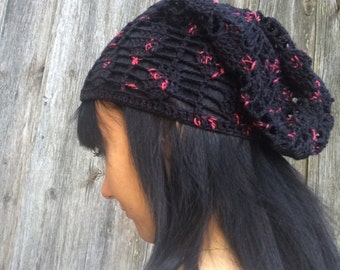 crochet hat, Slouchy, Summer, lace, multicolored cotton, women's black  beanie