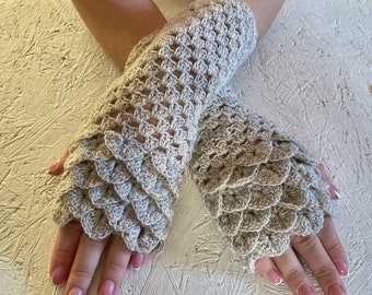 ¡Nuevo! Guantes de lana de alpaca con escamas de dragón, grises, sin dedos, de crochet para mujer, de alpaca y acrílico, regalo de Navidad.