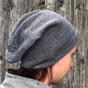Knit women gray summer linen hat, gray  linen  beanie, slouchy hat, sun beanie, gift  for women