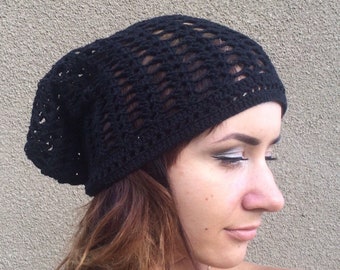 New! Cute black cotton women hat,  Crocheted Summer beanie, black slouchy sun cap, gift accessories, Christmas gift