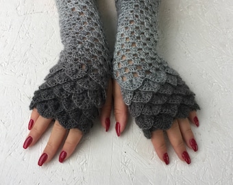 crochet gloves Fingerless crocodile stich women fingerless gloves dragon scale crochet women's gloves women's Arm Warmers  Ready to ship!