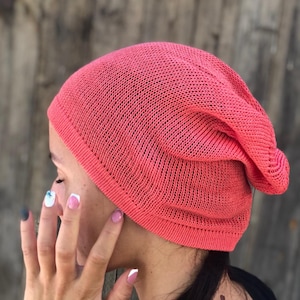 Hat knit women,  summer hat,  coral summer beanie,  linen slouchy hat,  sun hat