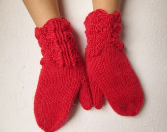 New! Knitted  mittens, Womens red gloves,Mittens Knitted , Woman gloves, Handmade, X mas day gift