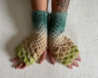 New ! Crochet Fingerless Gloves, dragon scale gloves, women gloves, Arm Warmers 4 colors