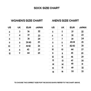 May include: Sock size chart with Women's and Men's size conversions. Charts include US, UK, EUR, and Japanese sizes. The chart provides a size guide for socks, with instructions to refer to the chart for the correct size.