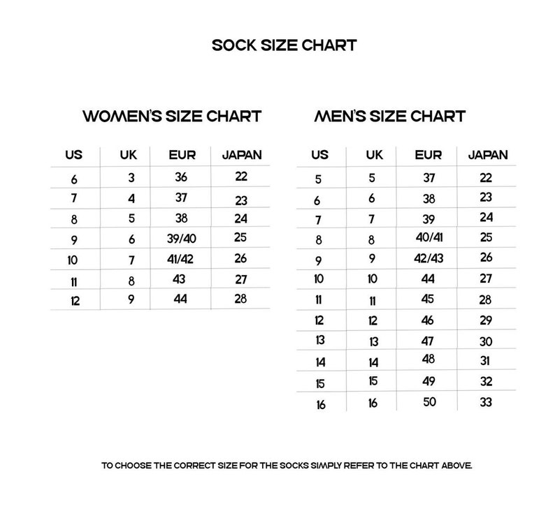 May include: Sock size chart with Women's and Men's size conversions. Charts include US, UK, EUR, and Japanese sizes. The chart provides a size guide for socks, with instructions to refer to the chart for the correct size.