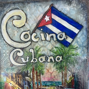 Cocina Cubana With Street Scene Printable download of my original Mixed Media painting, cuban kitchen with cuban flag