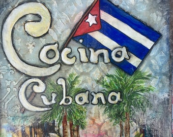 Cocina Cubana With Street Scene Original Mixed Media Acrylic painting on wood, cuban kitchen with cuban flag