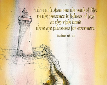 Lighthouse Watercolor Ink Psalm 16:11 Inspirational Art Poster 12"x18"