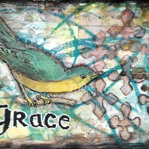 Grace painted mixed media original art card, little bird, inspirational, word art, Ephesians 2:8 image 1