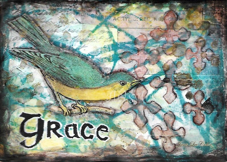 Grace painted mixed media original art card, little bird, inspirational, word art, Ephesians 2:8 image 1