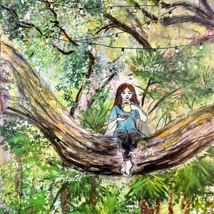 May include: A watercolor painting of a woman sitting on a tree branch in a lush green forest. She is holding a cup and looking at the viewer. The scene is lit by a string of lights hanging from the branches.