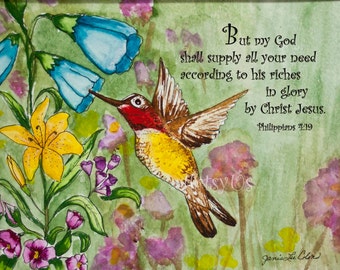 Printable download Humming Bird - Philippians 4:19 - spring time inspirational scripture art print