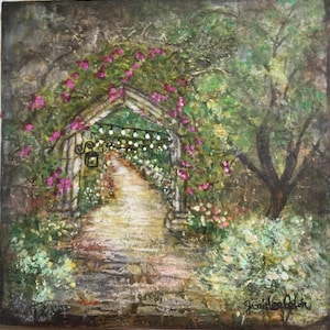 May include: A painting of a white archway covered in pink flowers and greenery. The archway leads to a path lined with white lights. The path is surrounded by lush greenery and flowers. The painting is signed "Janice Olson".