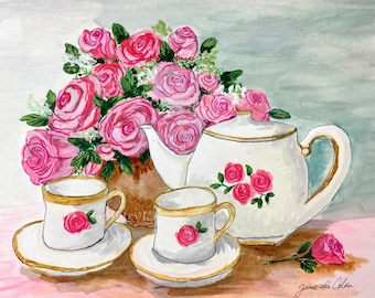 Tea set with Pink Roses print of original acrylic painting