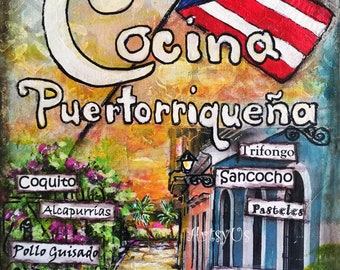 Cocina Puertorriquena With Street Scene Printable download of my original Mixed Media painting, Puerto Rican kitchen with flag