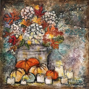 May include: A painting of a still life featuring a vase of white flowers with fall leaves, pumpkins, and candles. The background is a textured brown and blue.