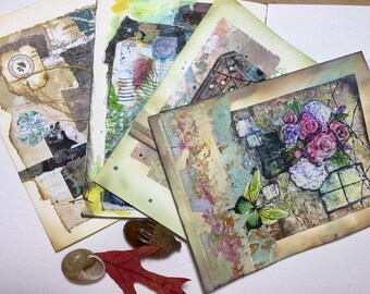 JLCOct21Collage Cards pack of 4 original collaged painted mixed media with envelope, little bird neutral potted plants butterfly flowers