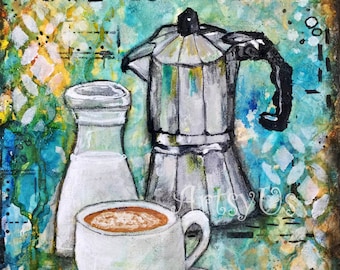 May include: An acrylic painting featuring a white coffee cup and saucer, a milk bottle, and a silver stovetop espresso maker. The words "CAFÉ CON LECHE" are written at the top. The background is a mix of blue, yellow, and brown.