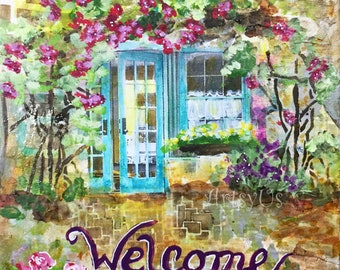 Welcome print of my mixed media painting, word art, impressionistic floral with open door