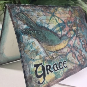 Grace painted mixed media original art card, little bird, inspirational, word art, Ephesians 2:8 image 2
