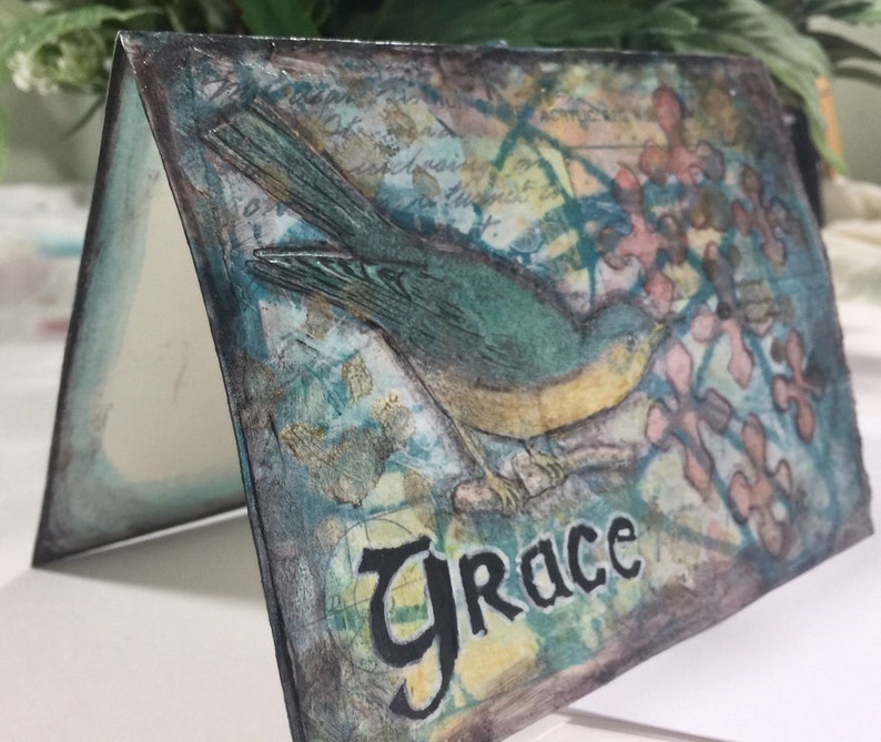 Grace painted mixed media original art card, little bird, inspirational, word art, Ephesians 2:8 image 2