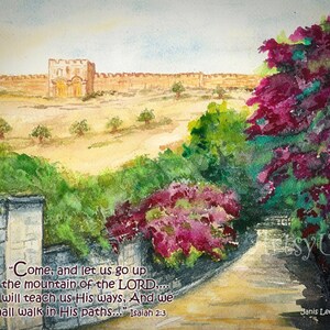 Road to Eastern Gate- Isaiah 2:3 inspirational bible print, Jerusalem, bougainvilleas