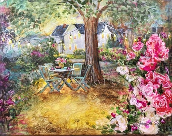 Coffee in the Garden- Print of my mixed media painting, collage, impressionistic floral, house, outdoor table and chairs, roses