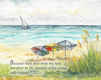 Deerfield Beach - Umbrellas - Psalm 63:7 Inspirational Scripture Art Print