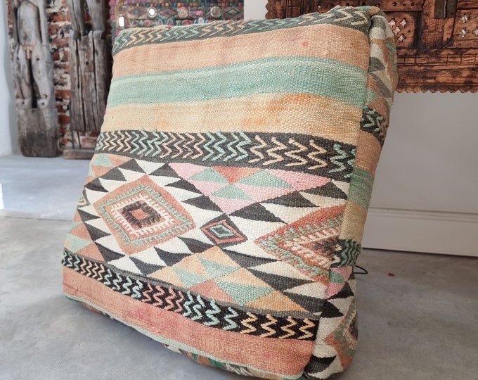 Featured listing image: Moroccan kilim boujaad pouf Big floor pillow Handmade Moroccan poof 100% wool kilim 60x60x25cm P214