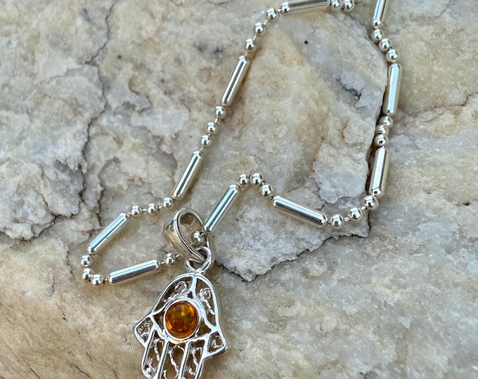 Featured listing image: Sterling Silver Hand of Fatima Necklace with Amber | Hamsa Protection Pendant | Boho Layering Jewelry | Handmade Silver Necklace