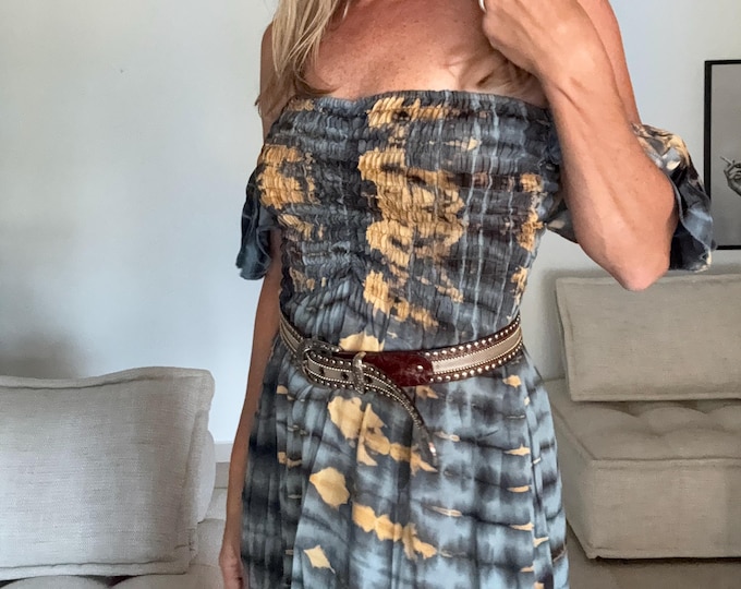 Featured listing image: Bohemian Tie-Dye Dress – Off Shoulder Smocked Bust with Split | Soft Cotton Festival Maxi Dress