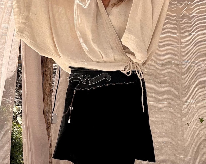 Featured listing image: Black Suede Skirt with Snakeskin Waist – Ponyhair Leather, Beaded Details, Turtle & Cowrie Shell Amulet, Boho Festival Skirt, Handmade