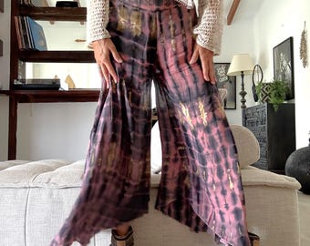 Bohemian Tie-Dye Pants – Wide Leg Asymmetric Split | Soft Cotton Festival Pants with Elastic Waist
