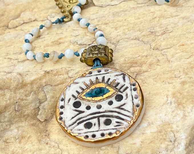 Featured listing image: Handmade Prayer Necklace – Glass Beads, Ceramic Amulet & Bronze Details | Bohemian Jewelry from Ankara Turkey