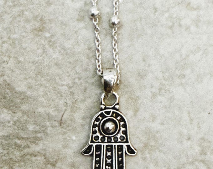 Featured listing image: Sterling Silver Hand of Fatima Necklace  | Hamsa Protection Pendant | Boho Layering Jewelry | Handmade Silver Necklace