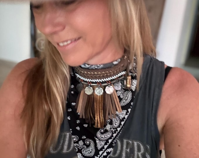 Featured listing image: Vintage brown leather necklace with leather metallic fringes & old coins