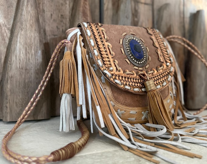 Featured listing image: Fringed leather Boho gypsy bag with long fringes and lots of details