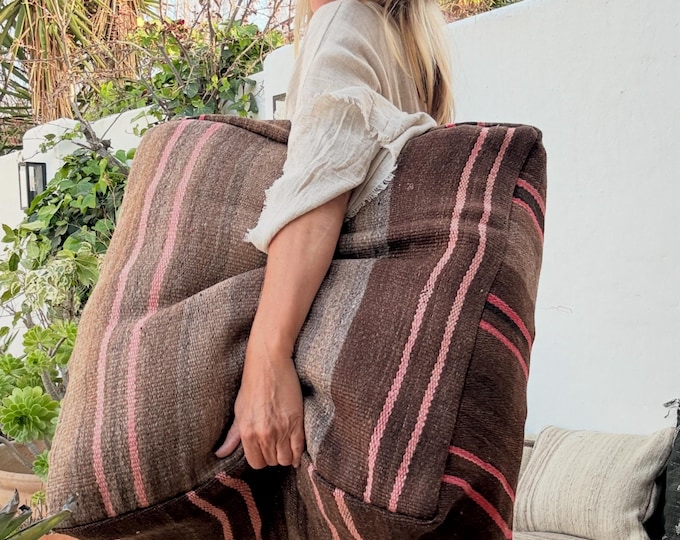 Featured listing image: Moroccan kilim pouf / Big floor pillow / Vintage textile pouf / Handmade Moroccan poof / 100% wool / 60x60x25cm