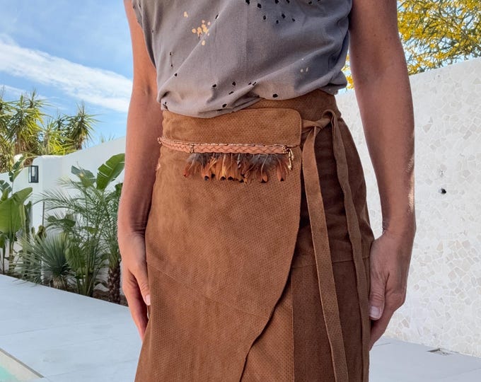 Featured listing image: Boho Suede Skirt Women – Festival Skirt, Flowing Desert Style Skirt, Handmade Leather Clothing, Statement Bohemian Piece