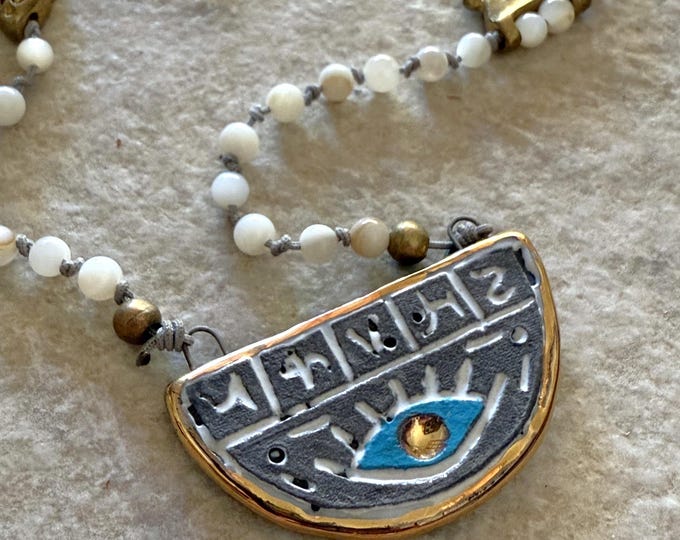 Featured listing image: Handmade Prayer Necklace – Glass Beads, Ceramic Amulet & Bronze Details | Bohemian Jewelry from Ankara Turkey
