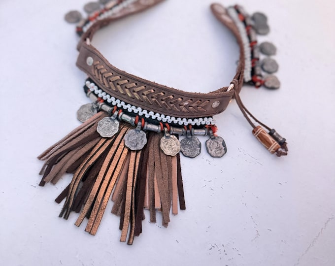 Featured listing image: Vintage brown leather necklace with leather metallic fringes & old coins