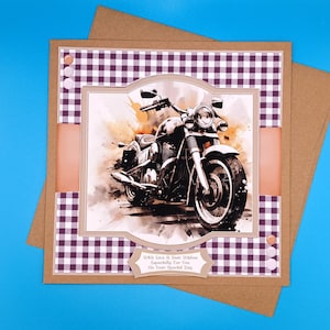 May include: A greeting card with a brown and white checkered pattern. The card features a watercolor illustration of a black motorcycle with a white background. The text on the card reads "With love & best wishes, Especially for you On your Special Day".
