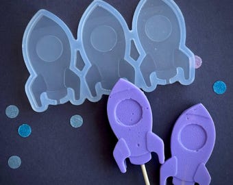 Molde de silicona con forma de cohete espacial - Molde para caramelos, chocolates y piruletas con temática espacial (7 x 4 cm)