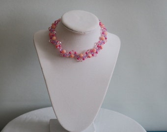 Pink coral rose quartz with purple crystals choker necklace