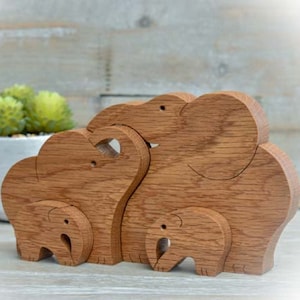 Family of Four Wooden Elephants – Oak Elephant Figurines – Nesting Scroll Saw Ornament