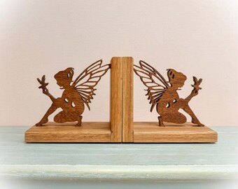 Fairy Silhouette Wooden Bookends – Handmade Sapele and Oak Book Ends